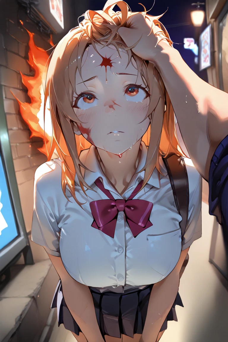 Sweating, Princess Zelda, school's uniform, blood everywhere, girl covered in blood, looking at viewer pissed, front view,