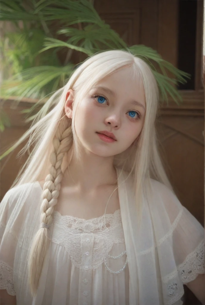 an albino girl, Long hair with waves, blue eyes, long eyelashes separated by groups, face with soft and delicate features Anime 
