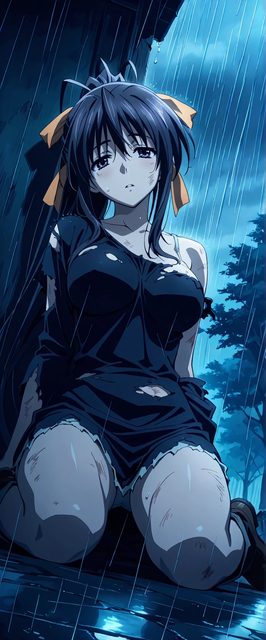 1 woman, akeno himejima, dutch angle, from below, dark hair, violet eyes, torn clothes, kneeling, tired, beaten, outdoors, rain, forgotten battlefield, masterpiece, high quality, highly detailed