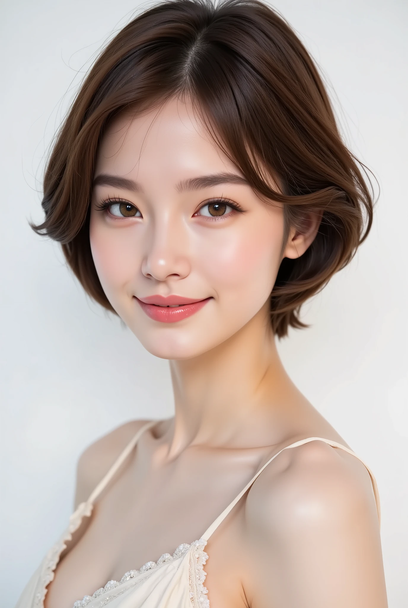 (:2、額に掛かるbungs:2、bungs:2 masterpieces , Best Quality,Highest image quality、全てを高精細でrealisticに描画、The beauty of the golden ratio、シンメトリーの美しいSmile Yan、Beautiful appearance from every angle、 perfect appearance、Gorgeous décolletage、A tall and beautiful adult woman),1 person, solos, hyper realistic, realistic,realistic, watching the audience, Beautiful eyes with a very light orange color:2,Brunette short bob hair with highly detailed shiny hair, relax:1.4、short hair:1.4), closed mouth, upper body、big chest eye、beautiful lashes、beautiful double eyelids、 Beautiful cute eyes 、Beautiful Eyebrows、{detailed eyes drawn on a giant|big chest|detailed eyes drawn on a giantな|detailed eyes drawn on a giant} whole:2, chest's cleavage:2、(((big chest eye、short bob hair、Highlights from a student、watching the audience、She is very pretty and cute、Show me your ears、Long neck、Smile Yan、Close your mouth and Smile Yan、Open your mouth wide and show a very beautiful Smile Yan.、Bang and beautiful teeth)))、ideal body shape、(((very simple white background where no one is there 2)))、 Beautiful long neck :1.4、(({detailed eyes drawn on a giant|big|detailed eyes drawn on a giant|detailed eyes drawn on a giant} chest, おおきなchest's cleavage:2、upper bodyは服を着ていない:1.6))、(((PORTRAIT:2)))、((perfect anatomy、Gorgeous décolletage、 glowing skin、Gross、可愛いbungs:2、amazing design, too beautiful, beautiful, beautiful costume:2、Beautiful eyes with a very light orange color:2、face close-up、Close up on the eyes、Close up on the cleavage))