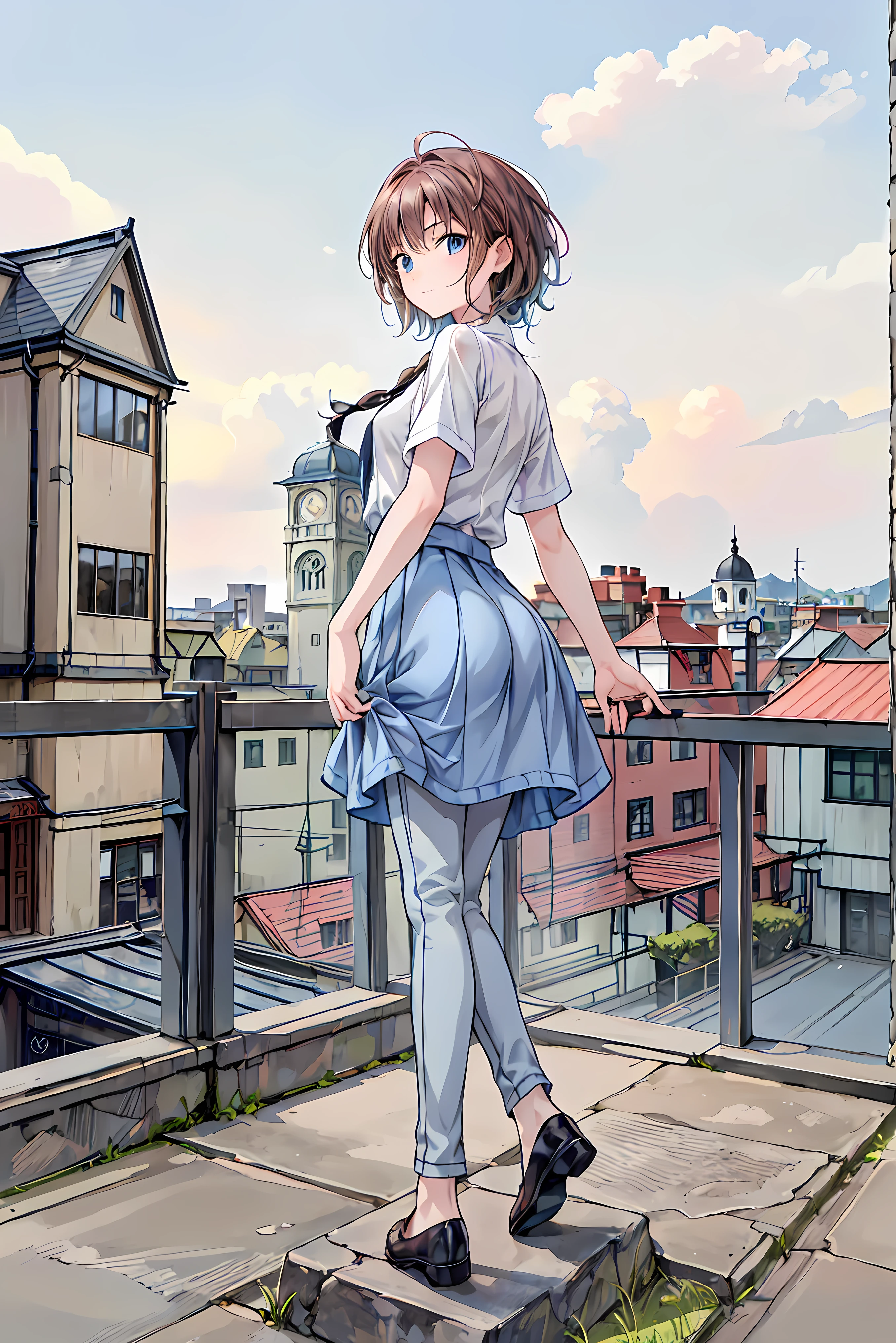 masutepiece, Best Quality,Illustration, Wallpaper, Ultra Detail, absurderes, 1little girl、 Solo, (Medium short hair、short braided hair), Beautiful ultra-detailed eyes , Hair fluttering in the wind、(Street), Beautiful sky,(a panoramic view:1.5),(Sense of depth:1.5),(longshot:1.5)