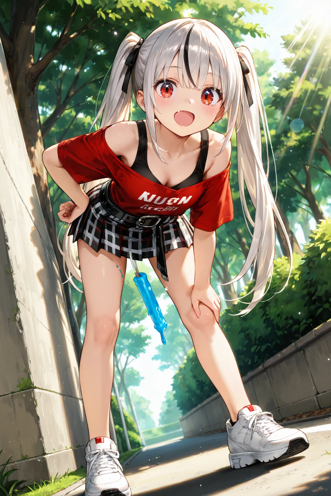 (8K、Highest image quality、highest quality、masterpiece)、detailed face、((1 baby girl))、braid silver hair、long hair、blunt bangs、red eyes、evil smile、((grin))、((small breasts))、((see through Colored camisole))、red school bag,minimum skirt、((black pleated skirt))、((micro skirt lift)、cowboy shot、((street background)),((see through)),((nipples)),((nipples visible)),((squatting)),((spread legs)),((wet)),((show off inside skirt)),(cameltoe),(((loli))),(loli girl),pussy juice,hand to penis,grab the penis,hand to penis,touch the penis,tekoki,Exposure,pussy juice,wet pussy,cum,penis into mouth,kiss to the penis,Licking penis,mmf Double Handjob,cum,semen,sperm,bukkake,cum on face,((penis ejaculates semen)),(((ejaculates semen))),day time,city,crowded street,school backpack,(((cumming on face))),((cum on face))