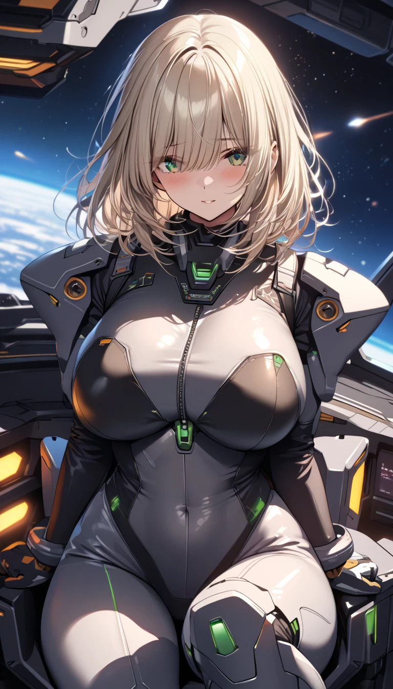 (Best quality at best,Unbeatable masterpiece:1.4),Ultra-detailed CG 4K,Black metal mech，high ponytails，Metal heels，Huge cleavage，Nipple presentation，Long white hair，AS-Adult，hair covering one eye，smooth thigh，kneels on the ground，legs separated，In the space station，Facing the audience