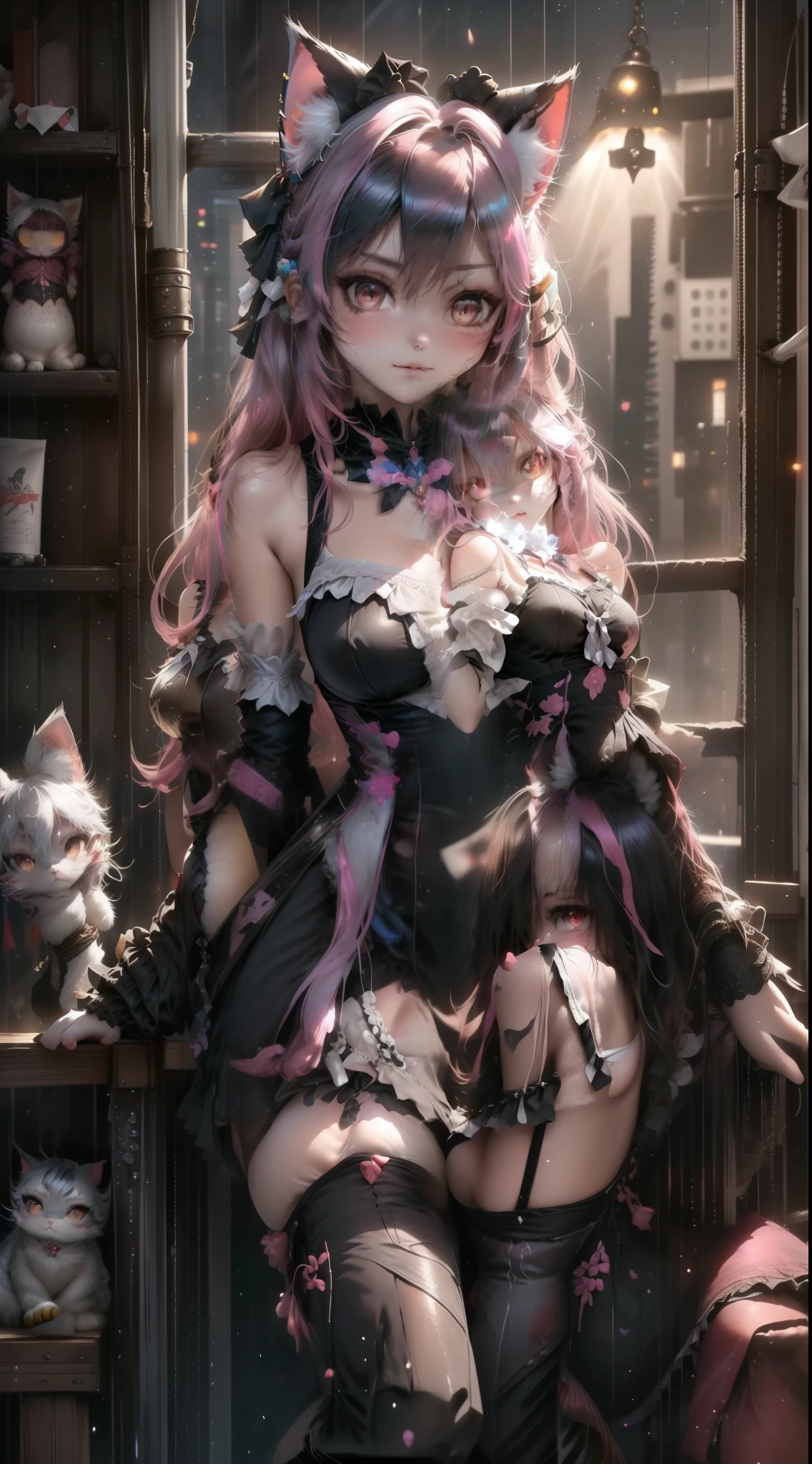 Close-up of a woman posing in a cat costume, Very Beautiful Anime Cat Girl, cute Anime cat girl, Charming cat girl, beautiful Anime cat girl, Pink pigtails and cyan eyes, Anime cat girl, Cat ears anime girl, Very beautiful cute cat girl, Cute 3D anime girl render, Anime cat girl in maid clothes