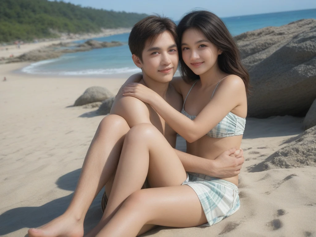 top-quality、​masterpiece、a beautiful Japanese 、thirteen years old、(nudity:1.3)、Happy smiling face、((looking at the viewers))、Blushing、cowboy shot, hugging sister