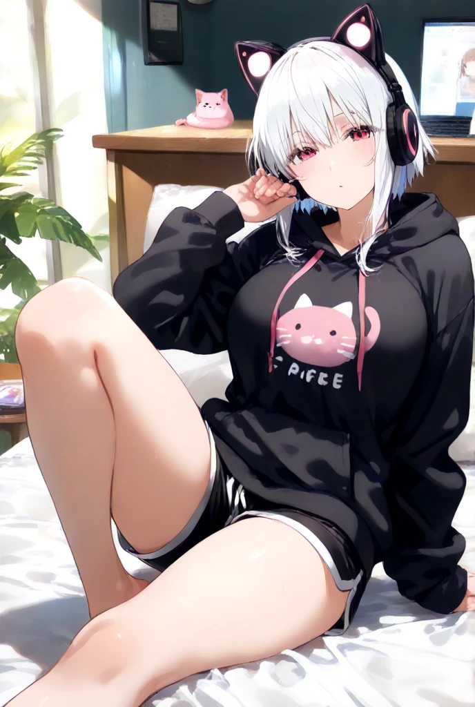 Superflat, Flat Shading, Flat Color, close, Low Angle, Wide-angle, One Girl， 19 years old, Asian, Gamer Girl, Oversized Hoodie, Cat Ear Headset, playing video games on handphone, (huge breasts:1.4), (White panties:1.4),  Sitting on Sofa，Lapping next to her, At Night，dark，Vibrant colors，