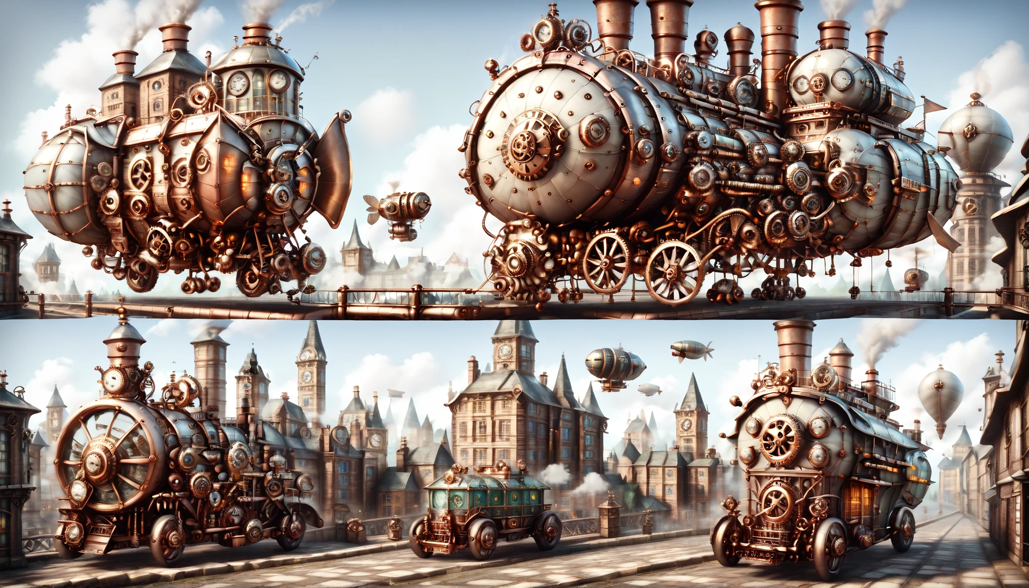 Steampunk, City, Utopia, airships, railways, aerial view, multiple levels, multiple tracks, Victorian clocks, multiple aircraft, small planes, 