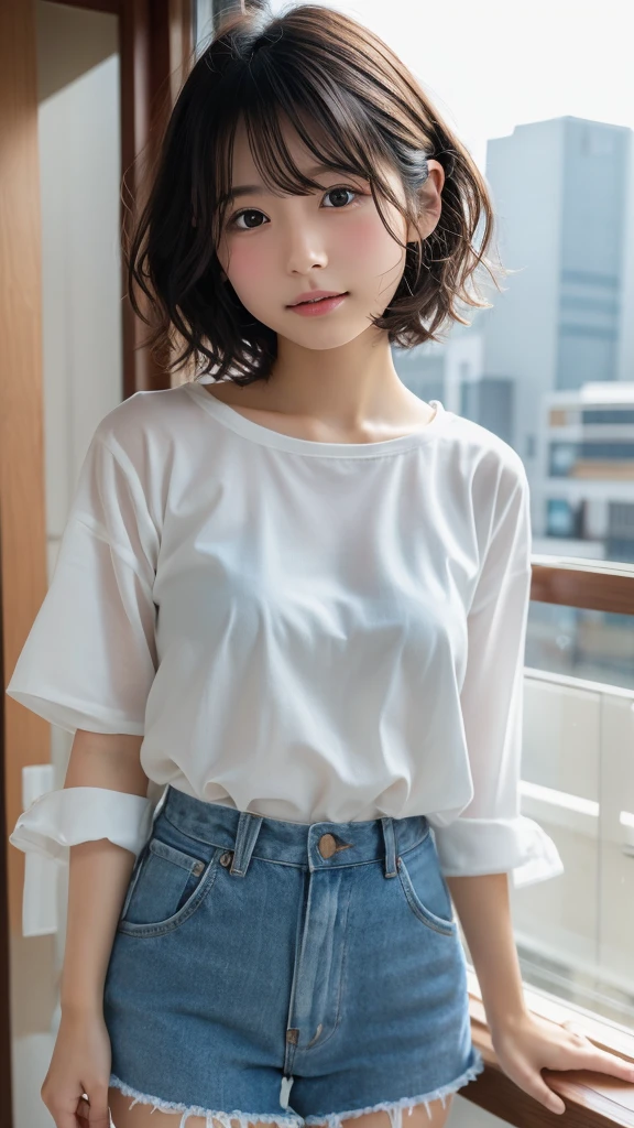 Sunburn marks on tanned skin、blush、Blonde bun hair,A cute 17-year-old girl with a cute look, A strong wind blows my hair in front of my face、Beautiful big sparkling eyes, Cute eyes hidden by long bangs、Yawn、No visible nasolabial folds、A short, light-colored miniskirt、A summer shirt with cute colorful patterns、Korean Beauty、Cheeks