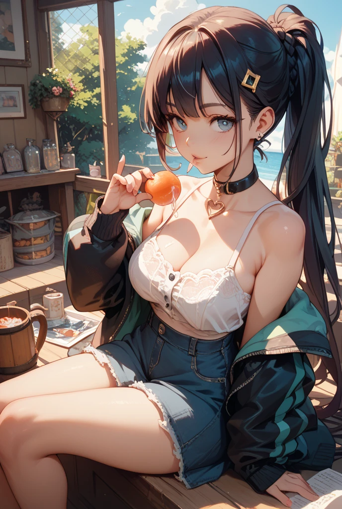 (Very detailed, 最high quality, Anatomically perfect body),High resolution, high quality, One girl, Anime Girls,Brown long hair, Brown eyes, Green glasses,heart shaped pupils,Sunburned skin, Large Breasts,beautiful breasts,pointy breasts,(Big Ass),beautiful ass,Embarrassed,ank Top,jeans,lower body,sweat,wet,sitting,(open legs),cherryblossom,at cafe,(lemon juice),(orange juice),(Pineapple juice),(Mango juice),(water),