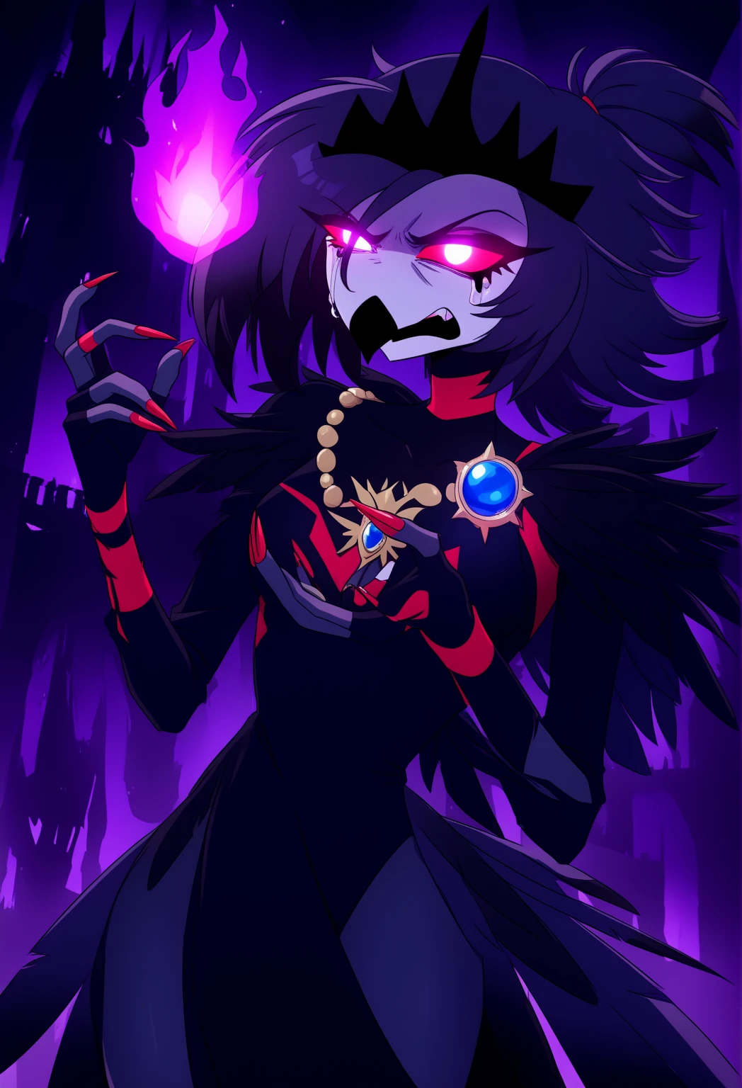Masterpiece, high quality, young boy, dress with black open chest, purple cloak with hood, two black horns from hood, red hair, facing forward, looking at camera, full body, center of the screen