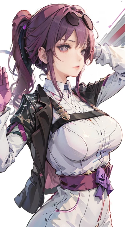 (masterpiece: 1.6, 最high quality), (Are you okay, beautiful eyes: 1.2), (overhead), high quality, beautiful face, 1 girl, wide shot, white crop top, Leather Tight Skirt, oversized leather jacket, open shoulders, big breasts, long hair, wide hips, (landscaped, ), street, background, Detailed background, with a creepy smile, smile at the corner of the mouth, long coat, shirt tie