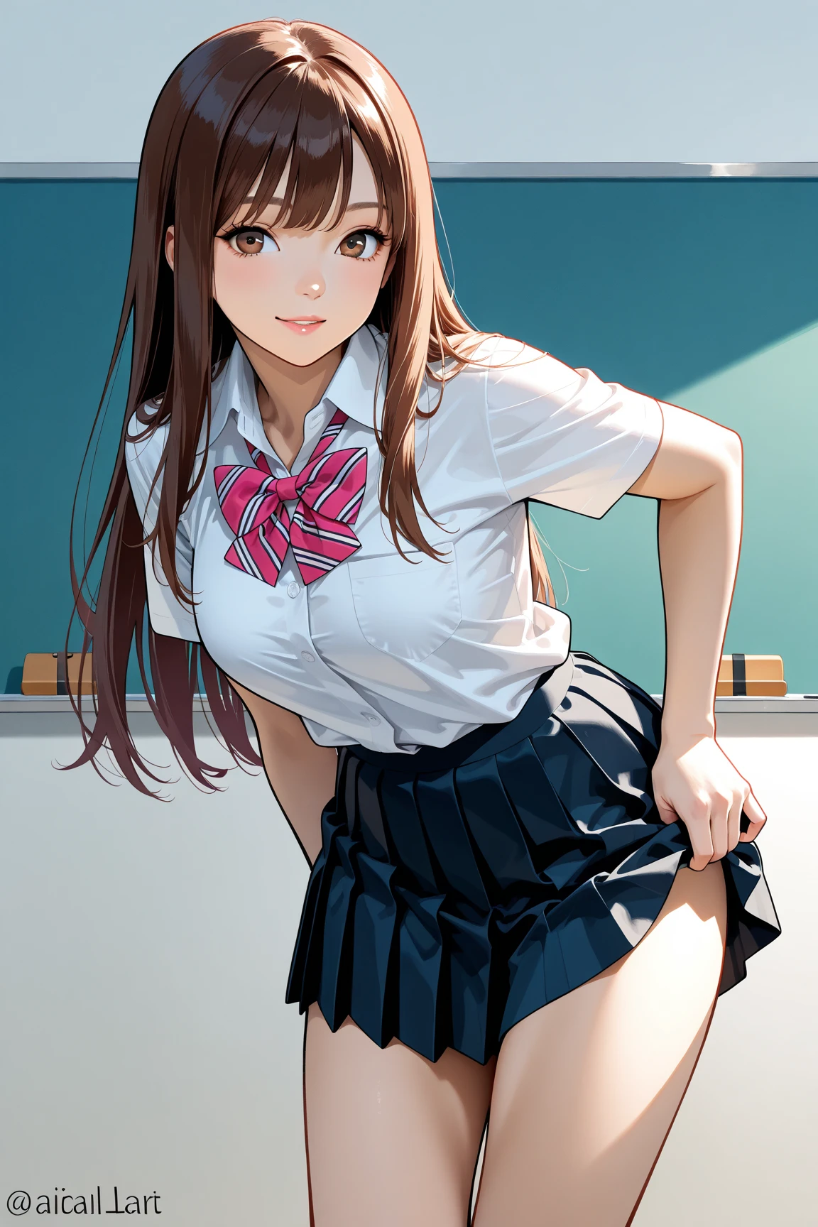 a closeup of an anime girl with an anime skirt and school shirt under her skirt, 1girl, underwear, panties, solo, skirt, indoors, blush, school uniform, classroom, looking at viewer, pleated skirt, desk, shirt, short sleeves, from below, school desk, necktie, socks, white panties, white shirt, sweat, bangs, standing, breasts(masterpiece:1.2, best quality), (highly detailed:1.3), , panty pull, beautiful eyelashes,,,grin,((kiddie,JS,littlegirl,kodomo)),