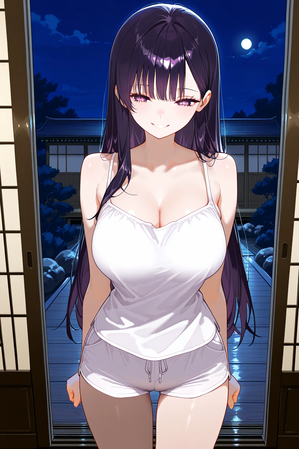 Highest quality, Structure of the film, Eye-catching shots, Intricate details, Delicate skin texture, Japanese architecture, Atmospheric lighting, 湯気の立つhot spring (hot spring), Attractive and elegant woman with long hair in anime colors, Curly Hair, Traditional sleeveless yukata, Big Breasts, Deep valley, Gentle curve, Gazing lovingly at the viewer, Calm and smiling expression.