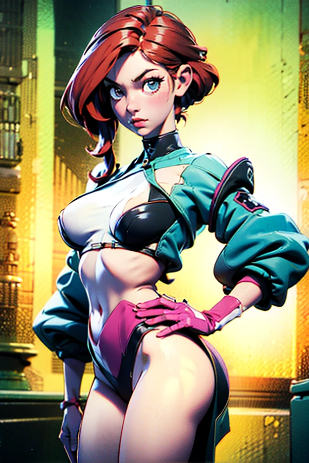 A SEXY GIRL IN A PROVOCATIVE POSE, CUTE SEMI-NAKED GIRL, GIRL WITHOUT BRA, NAKED TITS, GIRL IN THONG, SMALL THONG, THONG IN THE MIDDLE OF VAGINA, ((top-quality, 8K, masterpiece:1.3)), A detailed eye, (looking at from the front), Look at the camera, JewelryBonneyV2, half body shot, 1girl, solo, cute asian face, long hair, pink hair, hat, ((slim girl, small breasts, hyperdetailed lips)), red lips, (thighhighs, shorts, suspenders, boots, purple eyes), navel, midriff, crop top, belt, suspender shorts, complex detailed background