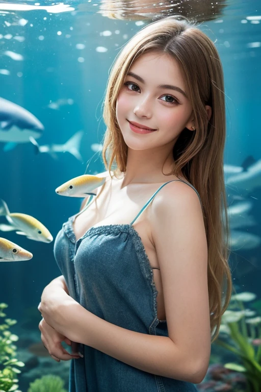 Captured in exquisite photorealism, this masterpiece showcases a stunning idol girl posing confidently for her selfie. Her round face and striking features are framed by a loose red lace shirt, accentuating her off-shoulder chest. Tight skirts swirl around her legs as she holds the camera in one hand, capturing the perfect shot of herself amidst a breathtaking backdrop: a huge aquarium teeming with fish swimming in harmony. With short reddish-brown wavy hair and a radiant smile, she gazes directly at the viewer from a self-portrait close-up, exuding confidence and charm.