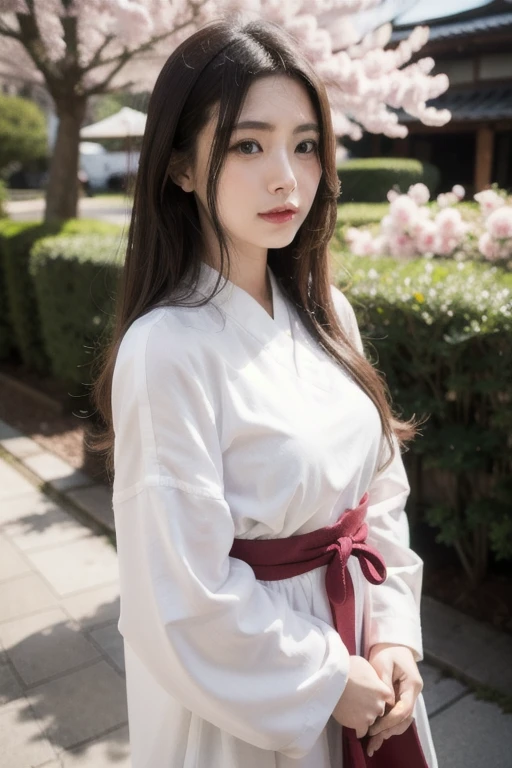 Ultra high-definition images, 1girl in, Have a white apron,(Kimono)Full body high definition painting　(top-quality,​masterpiece:1.3,超A high resolution,),(ultra-detailliert,Caustics),(Photorealsitic:1.4,photographed,)Ultra-realistic capture,A highly detailed,high-definition16Kfor human skin、 Natural Skin Texture、、The skin looks healthy with an even tone、 Use natural light and color,One Woman,japanes,,kawaii,A dark-haired,Middle hair,(depth of fields、chromatic abberation、、Wide range of lighting、Natural Shading、)（Autumn leaves turning bright red）(I Arashiyama Park with autumn leaves)))(Hair swaying in the wind:1.2)、(Autumn leaves do not reflect light:1.3)　actress with very beautiful face
