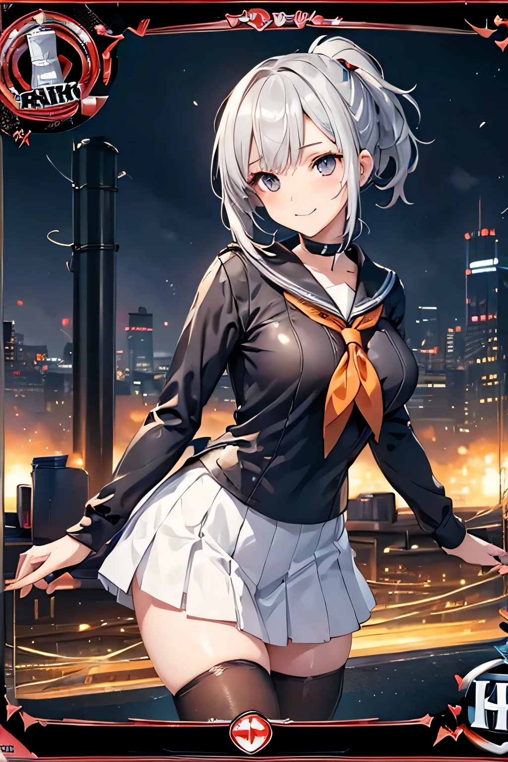 (Trading Card Game Frames:1.7),Cybernetic arm and glowing cyber girl,(J Women's Uniform,a sailor suit,White skirt,),Intense body movements,Add a motion blur effect to simulate motion,Stand on the streets of a desolate battlefield.Surrounded by a network of wires. Surrounded by a net of orange LED circuits. (Cyber Girl with Orange Glowing Sword:1.3), Shiny Silver Shorthair,disheveled ponytail,,Cute smile,Perfect round face,Black eyes,A cheerful smile that makes the viewer happy,Proper body proportion,Intricate details,Very delicate and beautiful hair,photos realistic,Dreamy,Professional Lighting,realistic shadow,Solo Focus,Beautiful hands,Beautiful fingers,Detailed finger features,detailed clothes features,Detailed hair features,detailed facial features,top-quality,Ultra-high resolution output image,) ,(The 8k quality,),(Image Mode Ultra HD,),(Image Mode Ultra HD,),(Sea Art 2 Mode.1:1.3),Science fiction fantasy