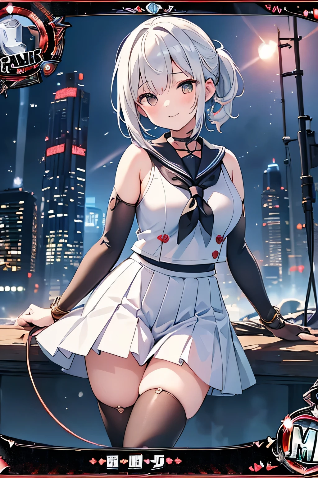 masterpiece, best quality,1girl, solo, bangs, left hair ribbon, (small breasts:1.4), red eyes, short hair, smile, solo, white hair, (Strapless:1.1), (off-the-shoulder:1.1), (cowboy shot:1.2), city, (uniform:1.2), (partially_unbuttoned:1.1), (Externally expanded Chest:1.2), skirt, (bent over:1.2), SFW, Female Full body standing straight symmetrical, looking to the viewer, hands on hips, peace sign,