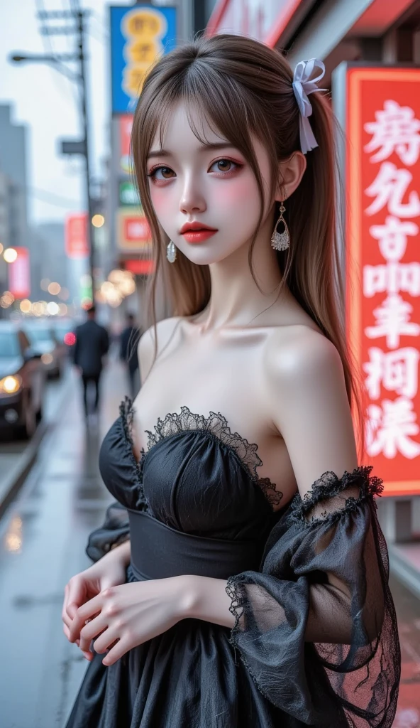 8k, masterpiece, RAW photo, best quality, photorealistic, extremely detailed CG unity 8k wallpaper, Depth of field, Cinematic Light, Lens Flare, Ray tracing, (extremely beautiful face, beautiful lips, beautiful eyes), intricate detail face, ((ultra detailed skin)) 1girl, in the dark, deep shadow, pretty korean girl, kpop idol,(very slim slender fit-muscled body:1.3), ((looking at viewer)),(big smile:1.3), (tight mini dress), (sleeveless) , (fashion city night, dark night, (neon sign), (big building), fashion street night),(no people), (without people in the background:1.3), pretty korean girl, white diamond earrings, dia bracelets, dia necklace, pantyhose, clear eyes, walking , front shot, (pale skin), face forward, (big eyes), ((upper body shot)), ((silk Laced)),(black color dress:1.3), (brown hairs) (looking at viewer:1.3), (see through), (laced panty), open breast, very slim, long legs, medium breasts, (Nipple Protrusion:1.2), 21 years old, slender fit-muscled body, hermes hand bag