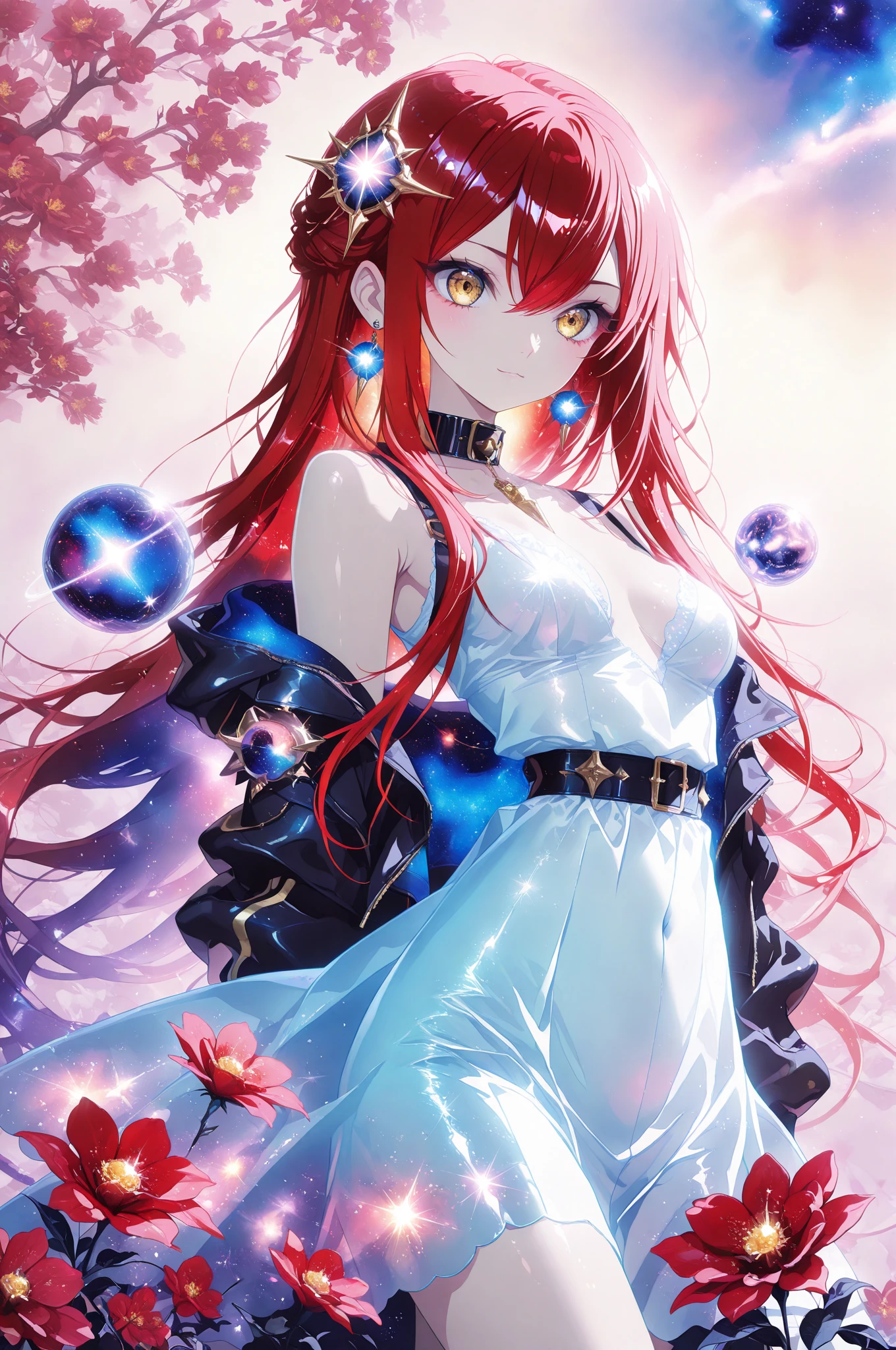 1girl, solo, erza scarlet, fairy tail, red hair, brown eyes, dress, long hair, breasts, underwater, cleavage, bubble, white dress, air bubble, jewelry, large breasts, earrings,full body