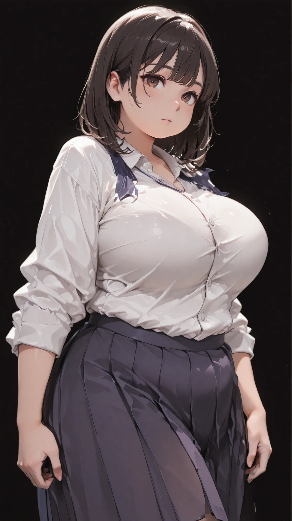 Shelley Gee, (masterpiece, Best Quality, high resolution: 1.2), , Alone, brown eyes、chubby body、Super Big Breasts、big waist、cylindrical body type、No facial expression、 jet black background 、dark haired、Fat body 、Bang、plump body、
pose with movement、big breasts、leotard、
medium hair、
pantyhose、Pleated Long Skirt、angle from below、school