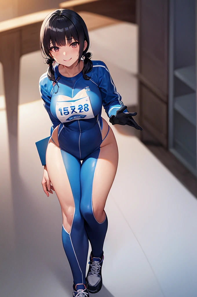 Library room, high school girl, superhero, blue and white leotard, black hair, bare legs, boots, matching gloves, heroic, hand on hip, standing, solo, single