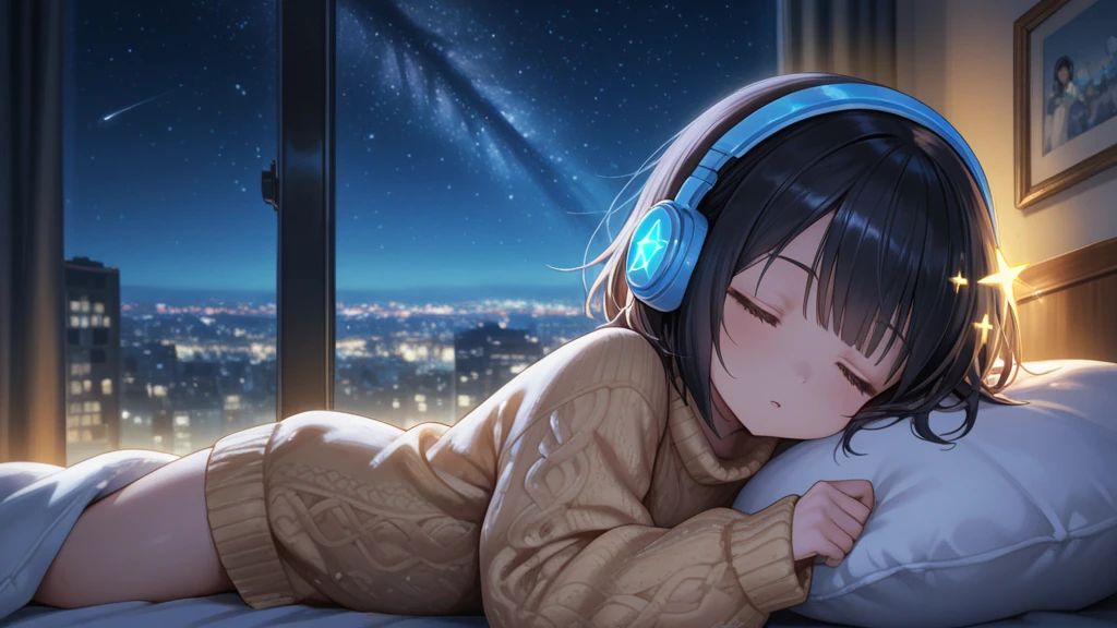 Girl sleeping on sofa、Wearing headphones、Whole pink、Warm colored light、cat sleeping nearby、huge window、Night outside、starrysky、shooting stars、a moon、