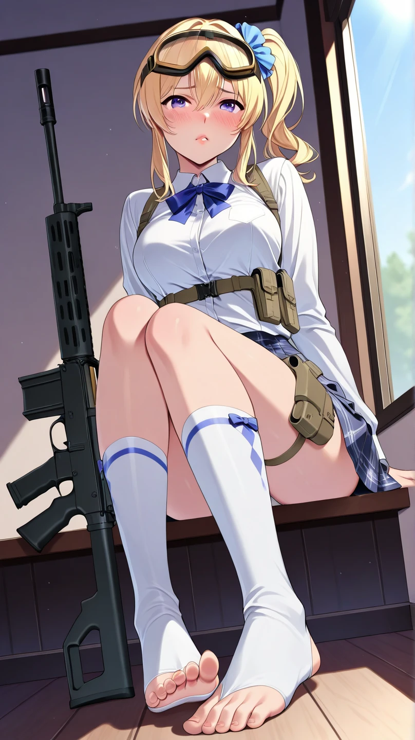 1 woman, skirts, (show off g-string detailed pantie), (hands skirt lift), from front, cowboy shot, BREAK annoyed,shoot from below,police uniform