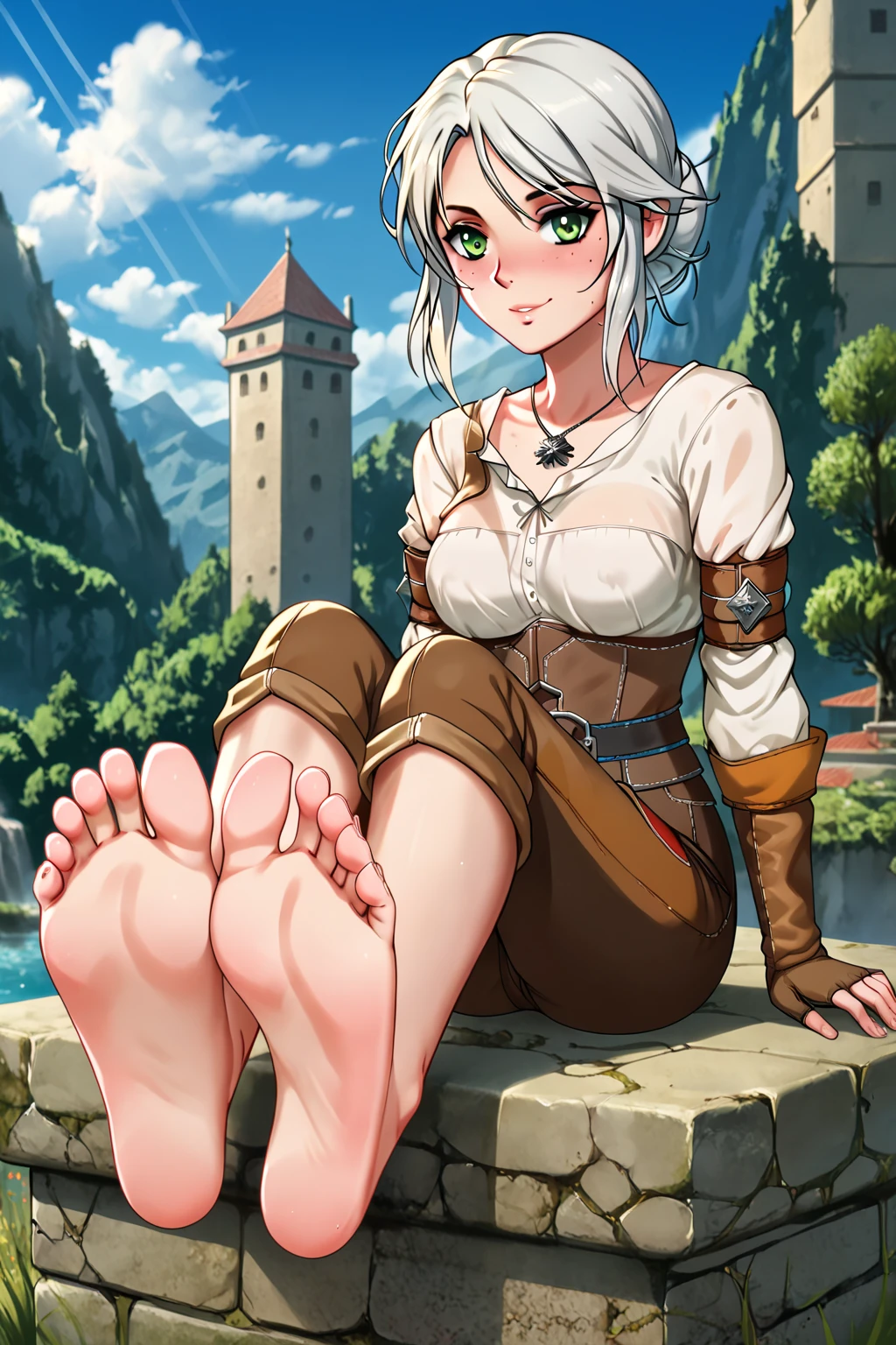 (miniature woman in front of the feet of a giantess: 1.1), (a miniature woman in front of a giantess),  closeup breasts and face, (from below view: 1.2), (medium sized breasts) cleavage, (short white hair with long bangs), (red eyes), (fluffy ears: 1.1), (tan or brown skin: 1.1), muscular,  cute girl, white hair, (medieval fantasy: 1.1), nipples, (fantasy outside: 1.1), (very low angle perspective: 1.2), (foot), barefoot, fields, sitting on ground, plains, (dirty martial art clothing: 1.2), (very skinny and anorexic: 1.1),