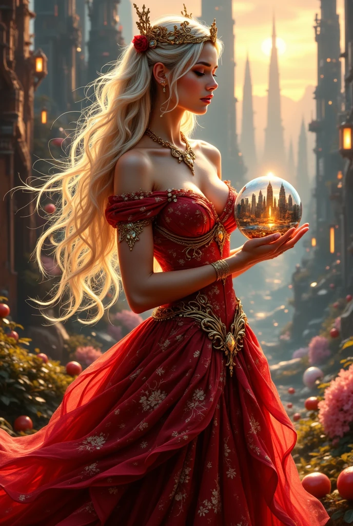  game character, Apple Queen of Love, holds a glass ball with the city of the future inside 