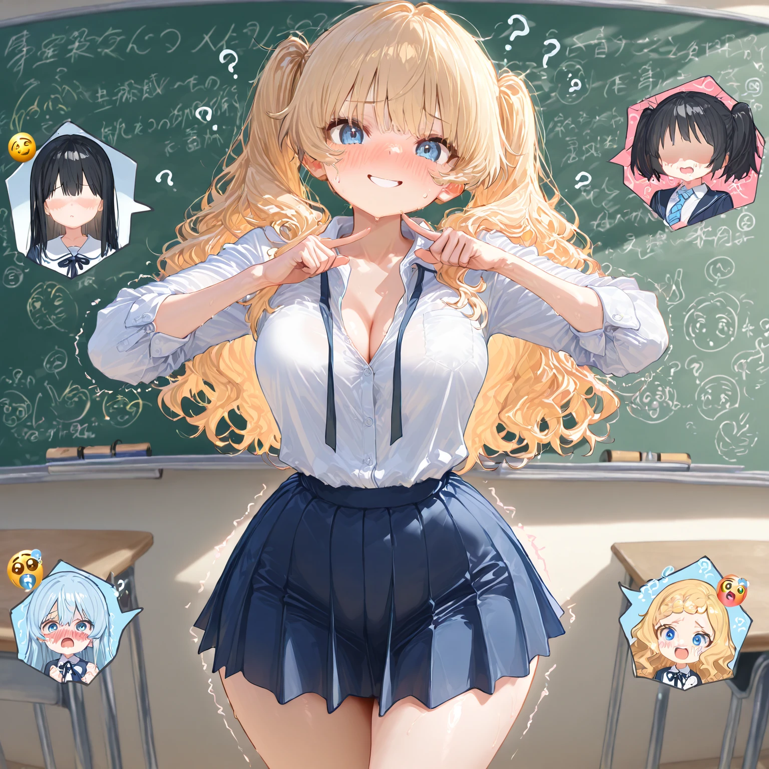 highest quality、High resolution、8K、cute beauty、detailed background、beautiful and detailed face、beautiful and smooth skin、skin texture、Beautiful teenage girl、(Three Beautiful Girls)、multiple women、(big breasts:1.4)、Cute character wearing a white sailor suit.。Uniform costume with white sailor collar and ribbon.。dark blue pleated mini skirt、Cute colored knee high socks、Cute Ponytail、cute glasses、pulling panties on classroom desk、(show panties)、(take off panties)、laughter、smile