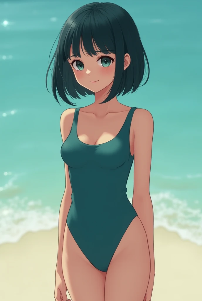 Show from the hips to the shoulders, from below, focus on the girl, standing, sweat, Perfect female body, girl, 10 years old, very short hair, bob haircut, Air bangs, long bangs between eyes, detailed black hair, extremely beautiful detailed anime face, full-face blush, furrowed brow, heart-shaped pupils, saliva, bare shoulders, Delicate arms and hands, cleavage cutout, detailed flooding bare feet, bikini Iridescence and rainbow eyes, dark skin, school swimsuit, Bare arms, black Clothes, beach, wallpaper, wallpaper, wallpaper,