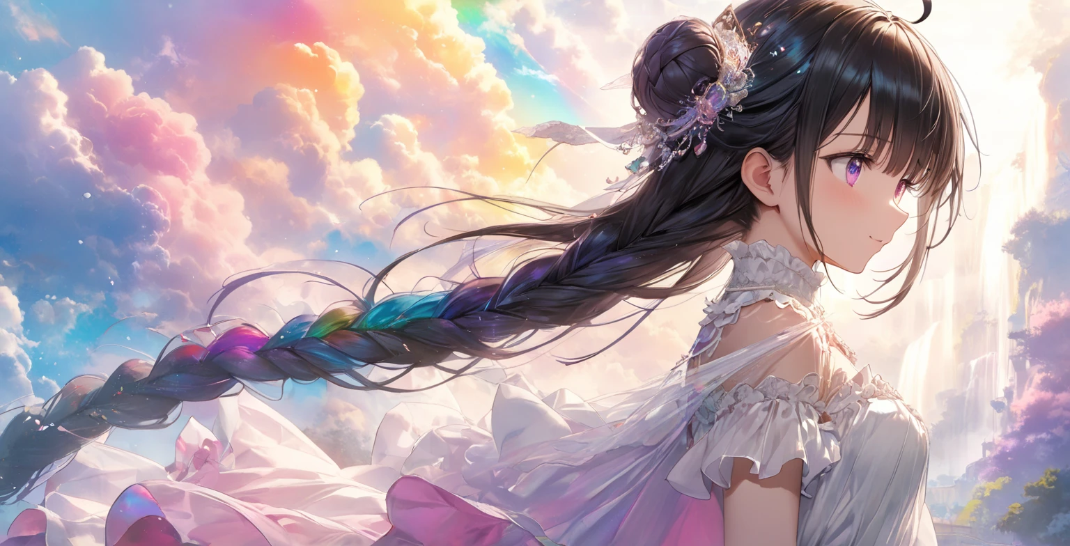 Fantasy, anime,Bright, (White background Plain white background:1.5),Girl,teenager,Full body view,(((Rainbowless:1.5, Colorful Dresses, pastel, Rainbow Colors, Colorful))),short hair,Curly hair,Black Hair,Spiky Tiara, smile, Perfect Arms, Perfect Fingers