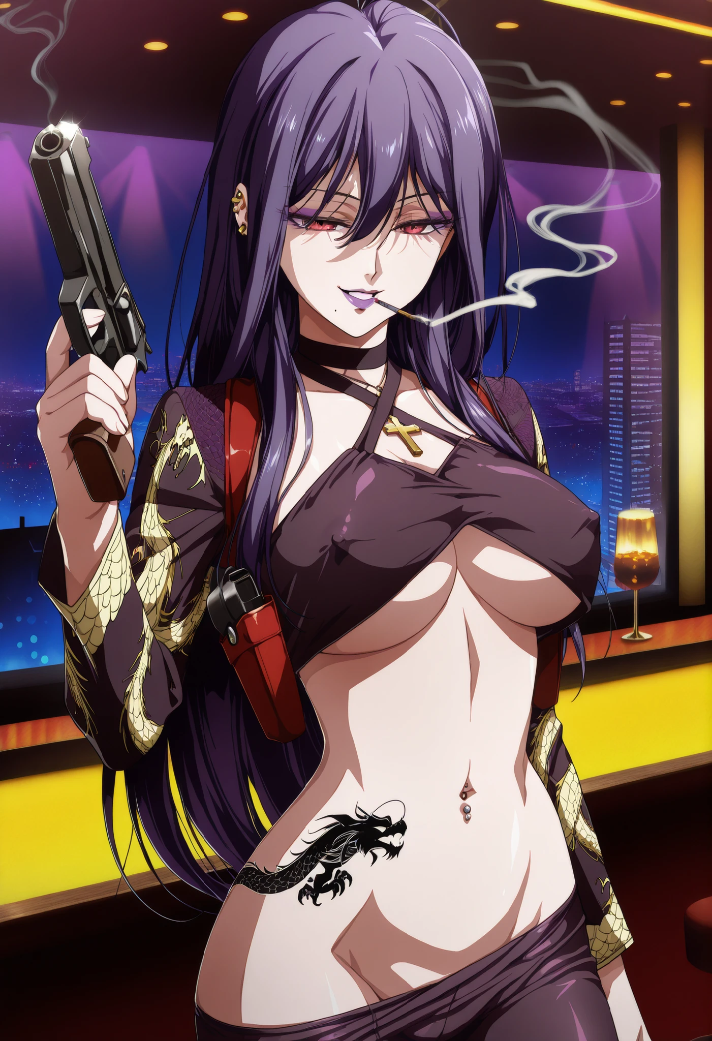 masterpiece,best quality,highres, absurdres, caldmellia, 1girl, solo, dark purple hair, long hair, parted lips, purple lips,, hair between eyes, mole under mouth, purple eyeliner, dark red eyes, bangs ,, ear piercing, long hair, lipstick,Hot girl, baddie, smoking, bad attitude, mean girl, sensual, attractive, ,cross necklace, bar background, inside bar, indoors, cityscape, casino, nightclub, city lights,, pull_down leggings,(show off panties,:1.2, no panties),seductive smile,, BREAK, 1girl, , sexy girl, , (fit body:1.1), BREAK, dragon print black leggings, covered nipples,, shoulder holster,,open mouth, bikini top, underboob,,, dragon print jacket, criss-cross halter ,bar background, inside bar,indoors, cityscape, casino, nightclub, city lights,, (nsfw) not safe for work,, navel piercing , holding pistol , , medium large Breasts , dragon tattoo on waist , narrowed eyes , tattoo on waist ,, anipai_style , anime screencap , anime coloring ,,