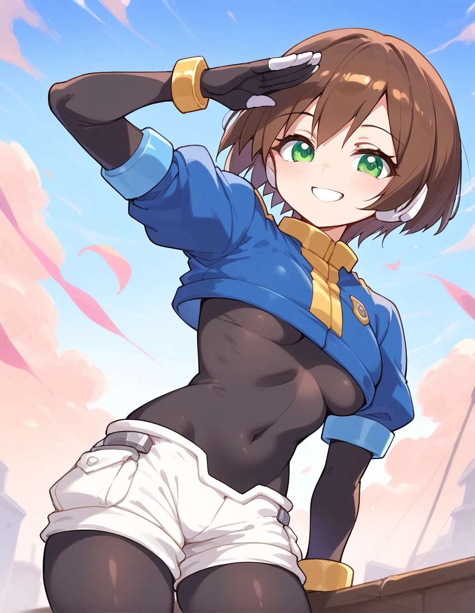 Aile_Megamanzx, 1 Girl, looking at viewer, Brown hair, Green eyes, Sky background , Blushed , Leaning on a table , Glasses , gaming clothes, gaming headphones, Cat Cosplay, white micro bikini