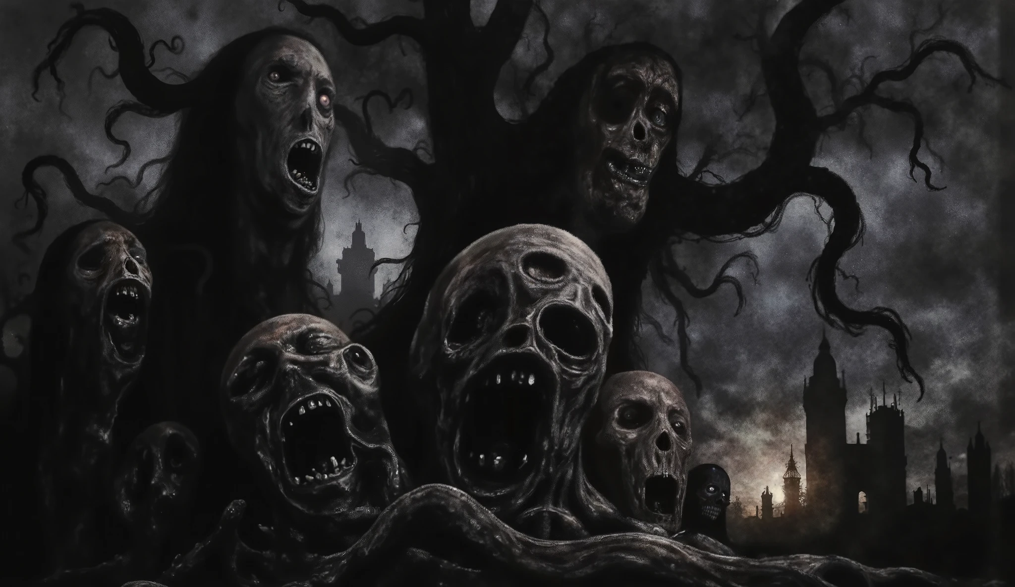 Eldritch horror, dark surreal, tentacles, skulls, eerie shadows, darkness, fog, twisted trees, dark temple background, high detail, masterpiece.