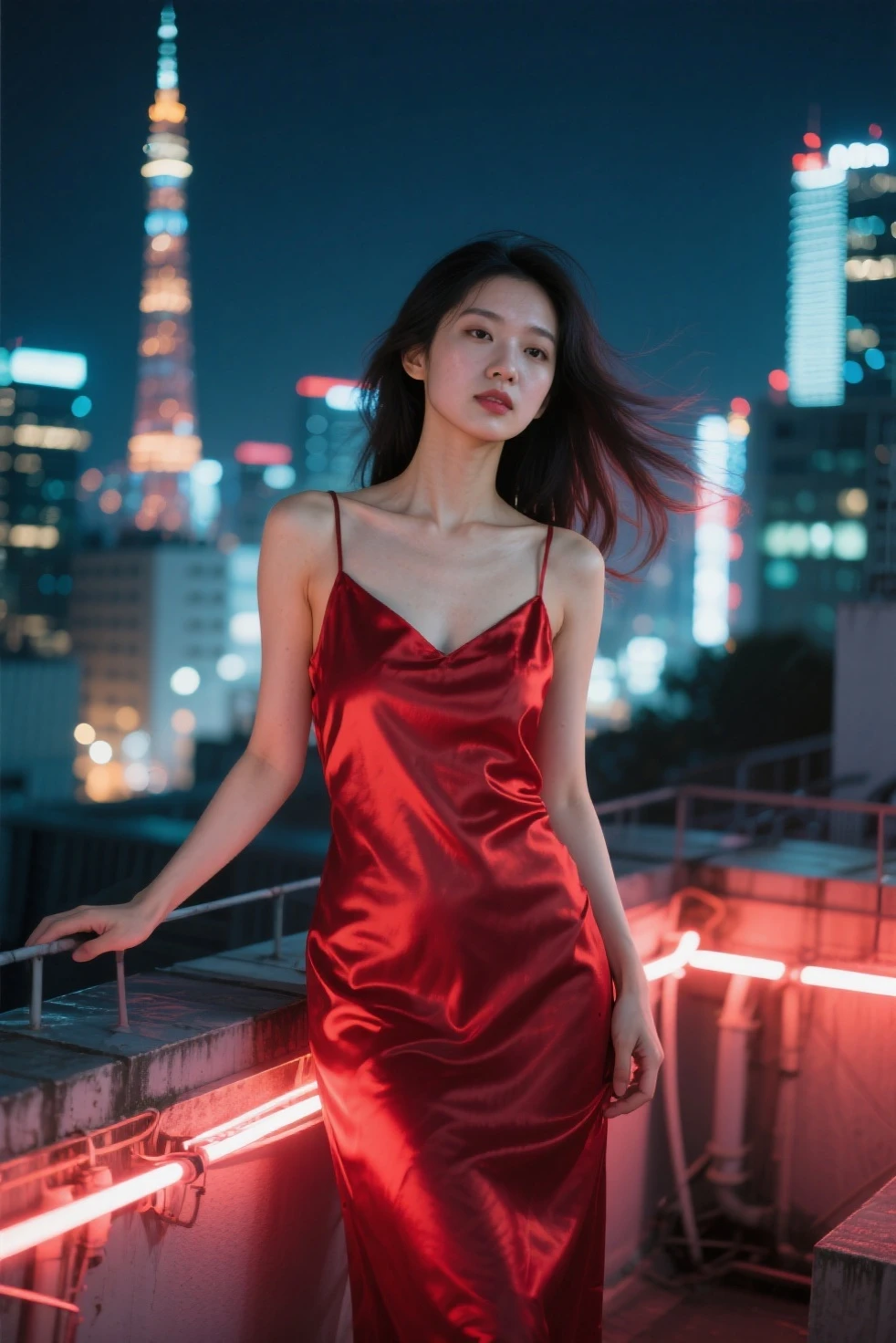 beautiful Korean girl , realistic , red jumpsuit inside the room with outside raining in window night view streetlights