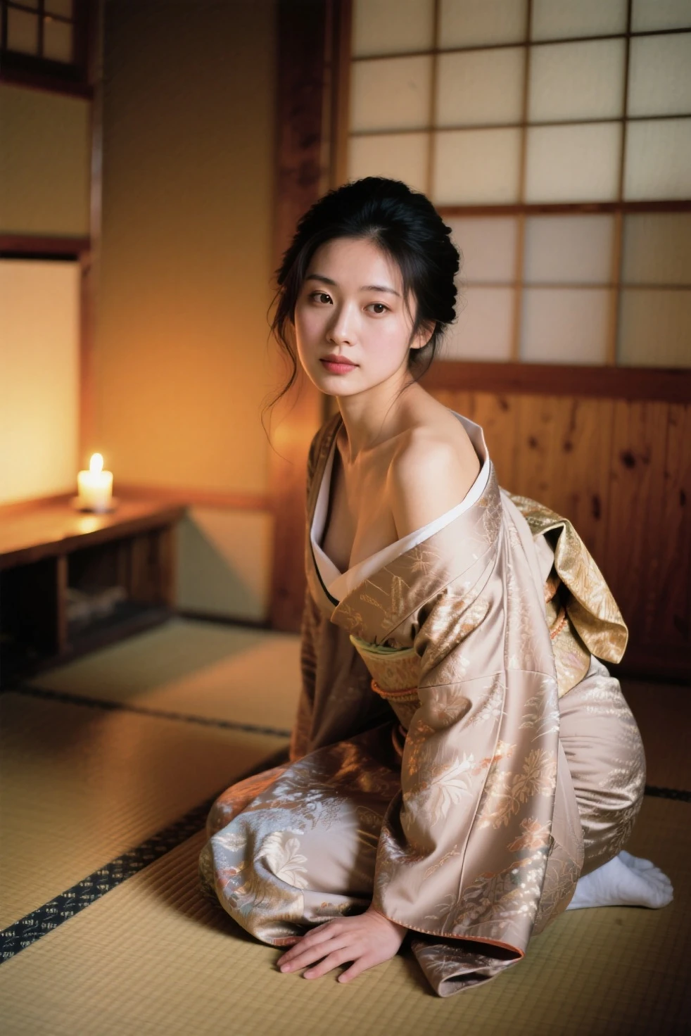 A hyper-realistic image of a single Japanese woman in her early 20s, captured from the shoulders up with the nostalgic warmth and subtle graininess of a film camera. She is wearing a traditional yukata with a vibrant, cute design featuring bold and colorful floral patterns such as cherry blossoms and peonies in shades of pink, red, and lavender, set against a soft pastel background. The obi is elegantly tied with a complementary color, adding a playful touch. The fabric of the yukata appears naturally lightweight, with visible folds and textures that enhance its realism, gracefully draped over her shoulders. Her skin has a warm beige tone with a notably rough texture, featuring visible pores, fine lines, and small blemishes, along with areas of uneven pigmentation and slight dryness, embracing all the imperfections that contribute to a lifelike and realistic appearance. The lighting is soft and subdued, replicating the diffused natural light of an overcast day or early evening, casting gentle shadows that enhance the realistic texture of her skin, especially on her face. Her straight, glossy black hair is slightly tousled and naturally frames her face, adding to her authentic look. Her deep brown eyes subtly reflect the ambient light, providing depth and a sense of realism. The film camera effect introduces a noticeable grain and soft focus, giving the image a warm, nostalgic feel while maintaining the coarse, lifelike quality of her skin. The composition is centered solely on her, from the shoulders up, highlighting her serene elegance and emphasizing the intricate textures of the yukata and the raw, natural texture of her skin.
