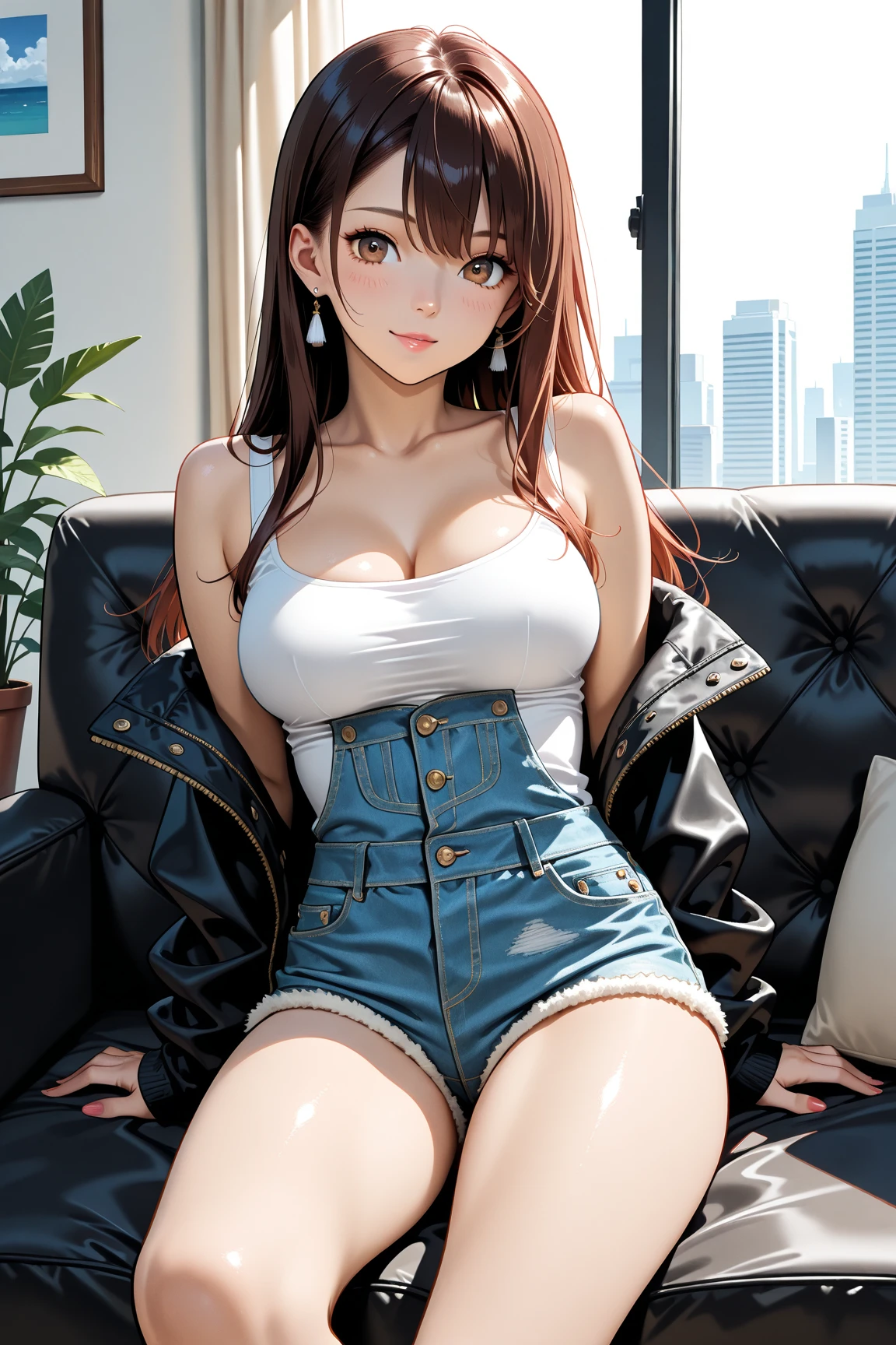 (Increase contrast)、(Increase saturation)、(27 year old super beautiful girl)、(Fair skin)Beautiful woman with perfect figure、Embarrassed face、long hair、(White sexy tank top、Cleavage、Round and firm big breasts)((Very short denim mini skirt、Knee-high boots)) Brown Hair、((On the bed、sleep、put one's head on the pillow))Shot from above