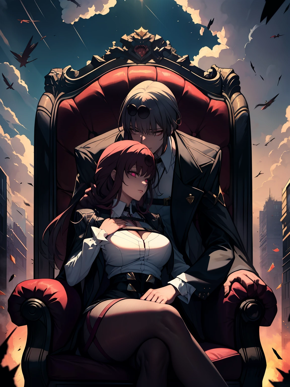 a massive, throne-like presidential chair, a white-haired young handsome man lounges with a calm, commanding presence. His sharp eyes reflect power and mystery. Flanking him on both sides are two stunning, hentai women with huge , wearing tight, skin-hugging singlet and mini-skirt that leave little to the imagination—their big and alluring figures visible. They both sat at the edge of the throne, as the handsome man sat in-between them . Behind them, the sky burns with an apocalyptic glow—dark, shattered clouds swirl as monstrous creatures soar above a ruined cityscape with missals and falling aircrafts.