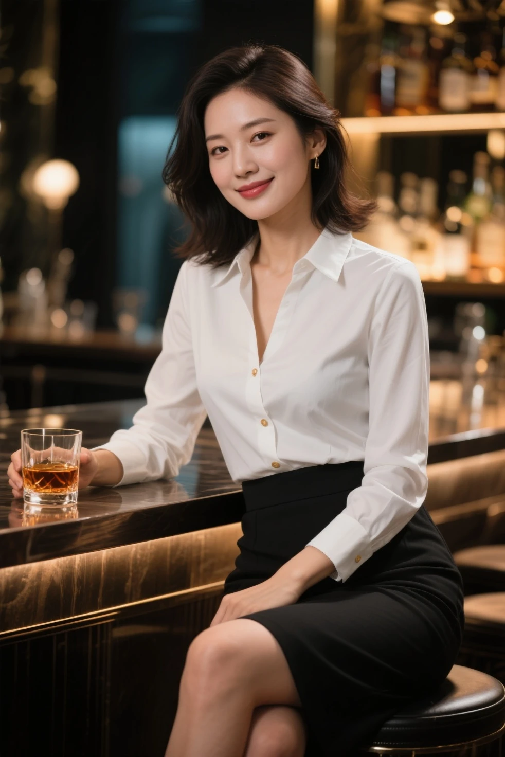 最high quality, 8k, Vibrant, Sharp focus, high quality, High resolution, Middle-aged women, Mature Woman, 55 years old, (Whole Body Ezbian), (High heels face detail, Highly detailed eyes, Slender figure、A beautiful woman with a sharp face wearing a stylish colorful business suit、Enjoying a drink in a neon-lit bar、The scene where she shows off her best smile。シーンは鮮やかでhigh quality、Detailed and meticulously drawn。Beautiful woman&#39;s perfect face highlighted by neon lights、It creates a wonderful contrast。The bar is decorated with colorful neon signs.、There is a lively atmosphere。Colorful business suits are sophisticated and stylish.、It accentuates her elegant appearance。Ultra-realistic 8K resolution throughout、Captures every detail。Her face is full of joy、With beautiful eyes and a perfect smile、It gives the scene a sense of life and charm.。

