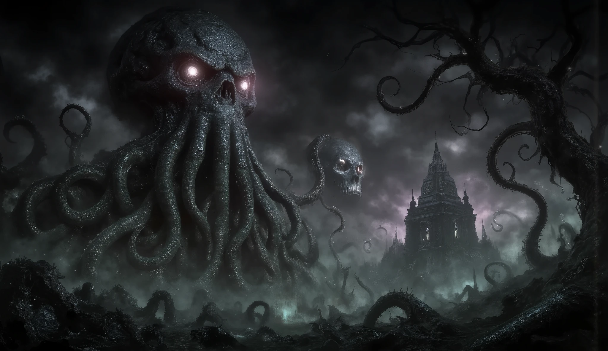 Eldritch horror, dark surreal, tentacles, skulls, eerie shadows, darkness, fog, twisted trees, dark temple background, high detail, masterpiece.
