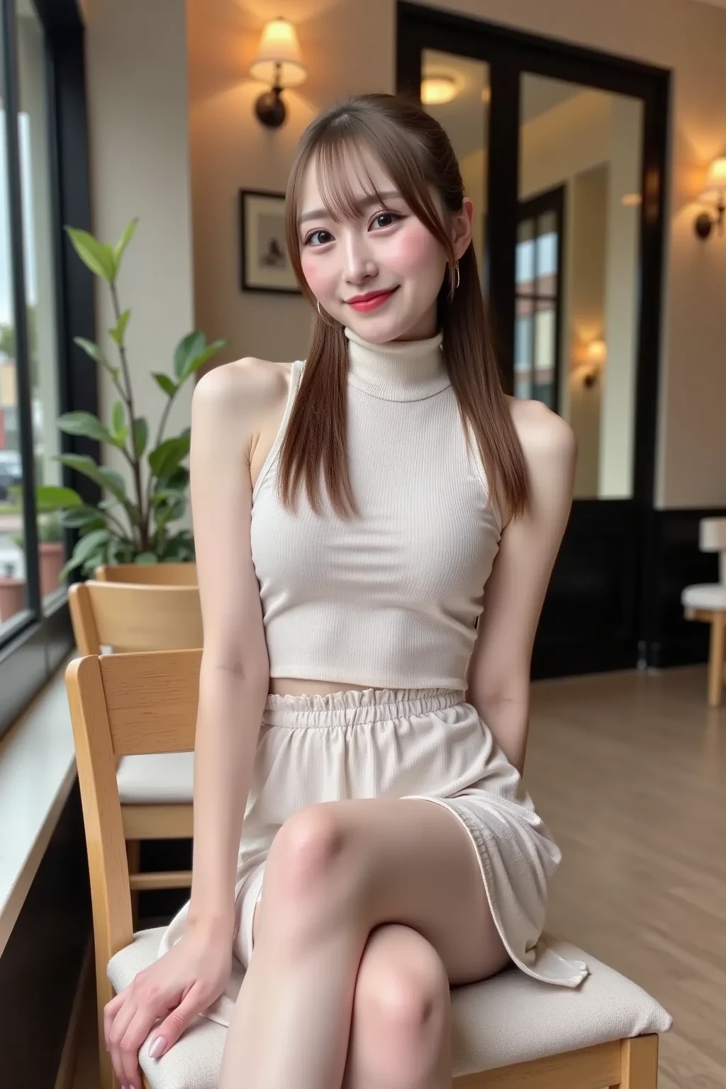 Very cute girl、beautiful girl、Sitting、Spread your legs、mini skirt、cameltoe、smile,from below