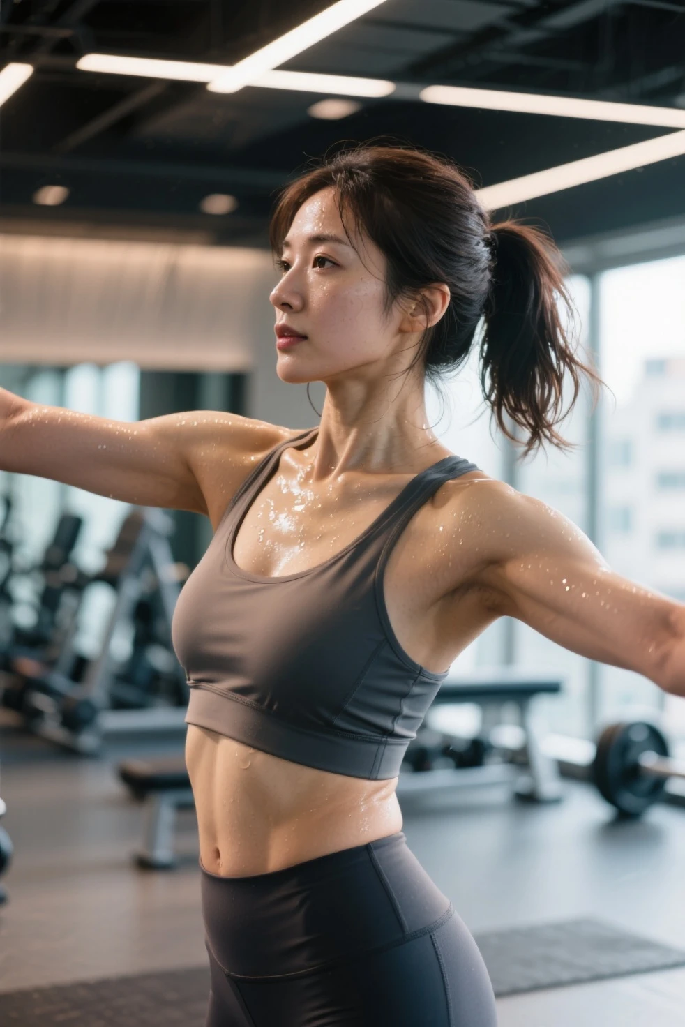 Japanese woman doing strength training. She was 50 years old and、muscular and short hair。.She has a sweet smile and very pretty eyes。big chest.she has sweaty skin。Dumbbells are lined up in the background。She is sitting on a bench.She is topless。nipples are visible。Natural light。4k,hdr,Photoreal.