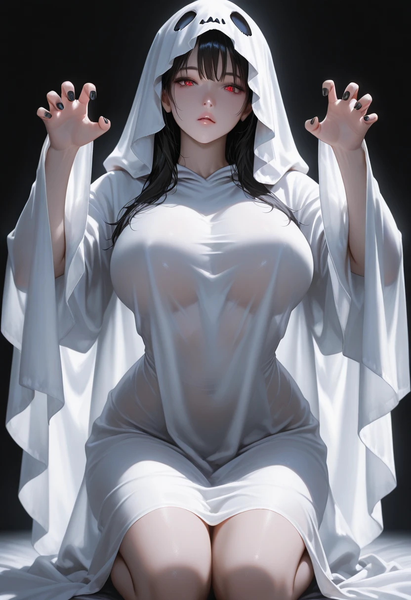 ghost girl, in a white nightgown, with long black hair, gray skin, with big breasts, with big legs, with big hips, coming out of a television,Terror fear,