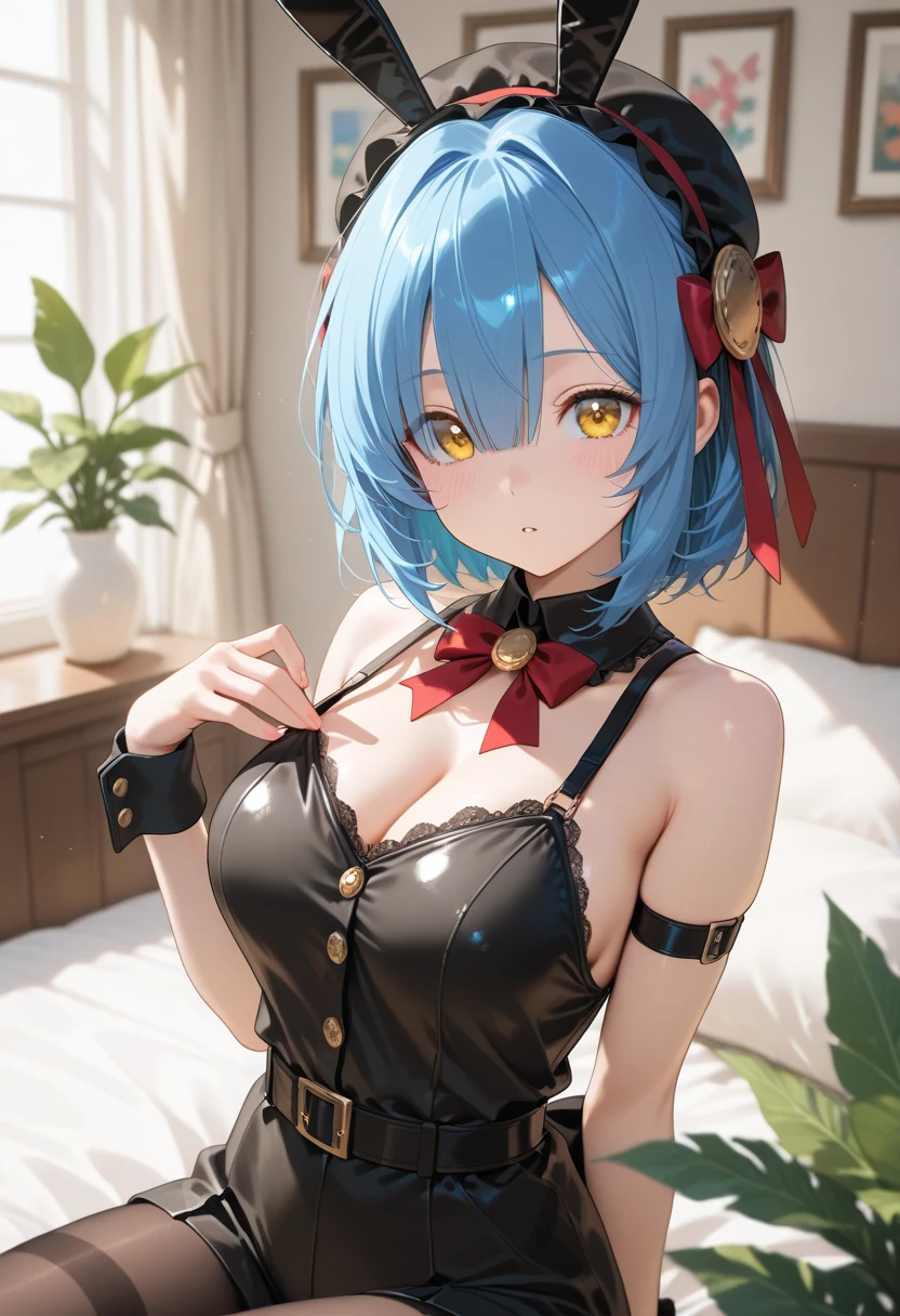 1 girl, lucina, fire emblem, blue hair, short hair, blue eyes, soft, soft light, delicate, frills, (cum on face, vagina), small breasts, filigree, exposed breasts, nipples, lingerie, bed, frilly short socks, excited, happy, tiara, close up