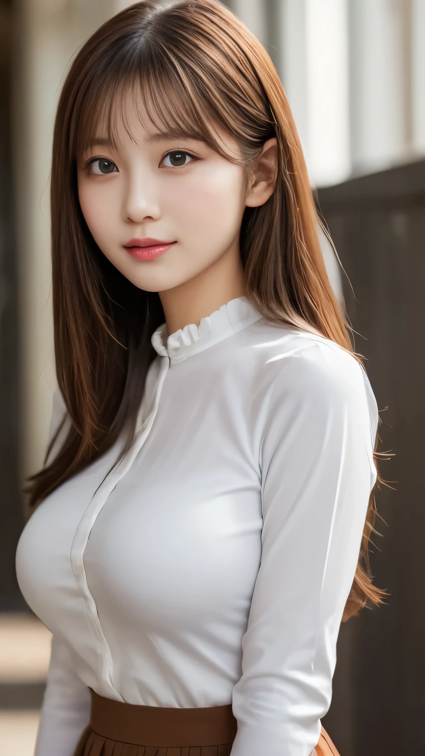8k, very detailed, (realistic, photorealistic: 1.37), super detail, Best Quality, realistic, 1 person very delicate and beautiful, raw photo, (((professional lighting)), face lighting,, Front of school 、 Skirts 、long sleeve shirt with a frill on the chest、格子柄 Skirts、On, , Sakimi-chan,, cute and cute, , , Sakimi-chan hdri、On、 、big 、,(big breasts 1:7),、Big breasts make clothes tight、、 brown hair、 brown hairの髪、 、 、cute poses、