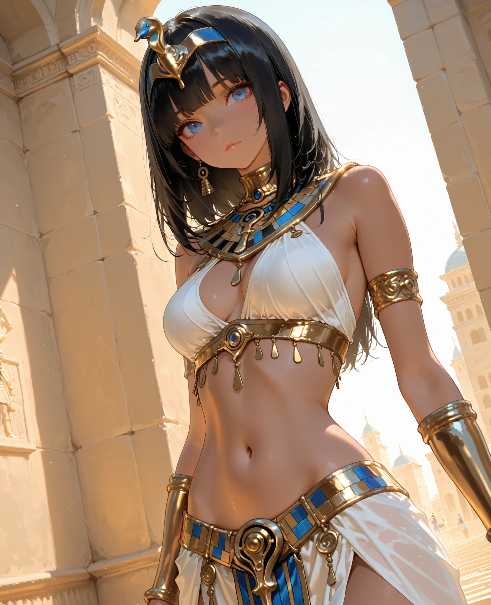 super cute and busty young woman, perfect body, voluptuous, slim, alluring, egyptian motif, photorealistic, illustration, anime