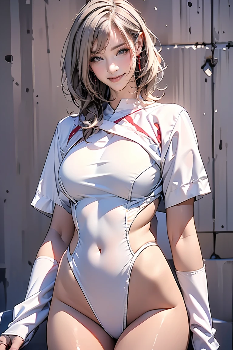 masterpiece, best quality, highres, 1girl, asymmetrical hair, bandaged leg, bandages, bangs, black gloves, blonde hair, budget sarashi, butterfly choker, chest sarashi, chest tattoo, choker, cleavage, collarbone, fingerless gloves, fish hair ornament, floating hair, flower tattoo, gloves, hair between eyes, hair ornament, high ponytail, kanzashi, large breasts, medium hair, open mouth, orange eyes, pendant choker, red choker, sarashi, sidelocks, single fingerless glove, single glove, smile, tassel, tattoo, teeth, thighs, upper teeth only, wristband, indoors, shouji, tatami, (naked bandage:1.7), (arms at sides), (clenched hand), (clenched hands), (navel),