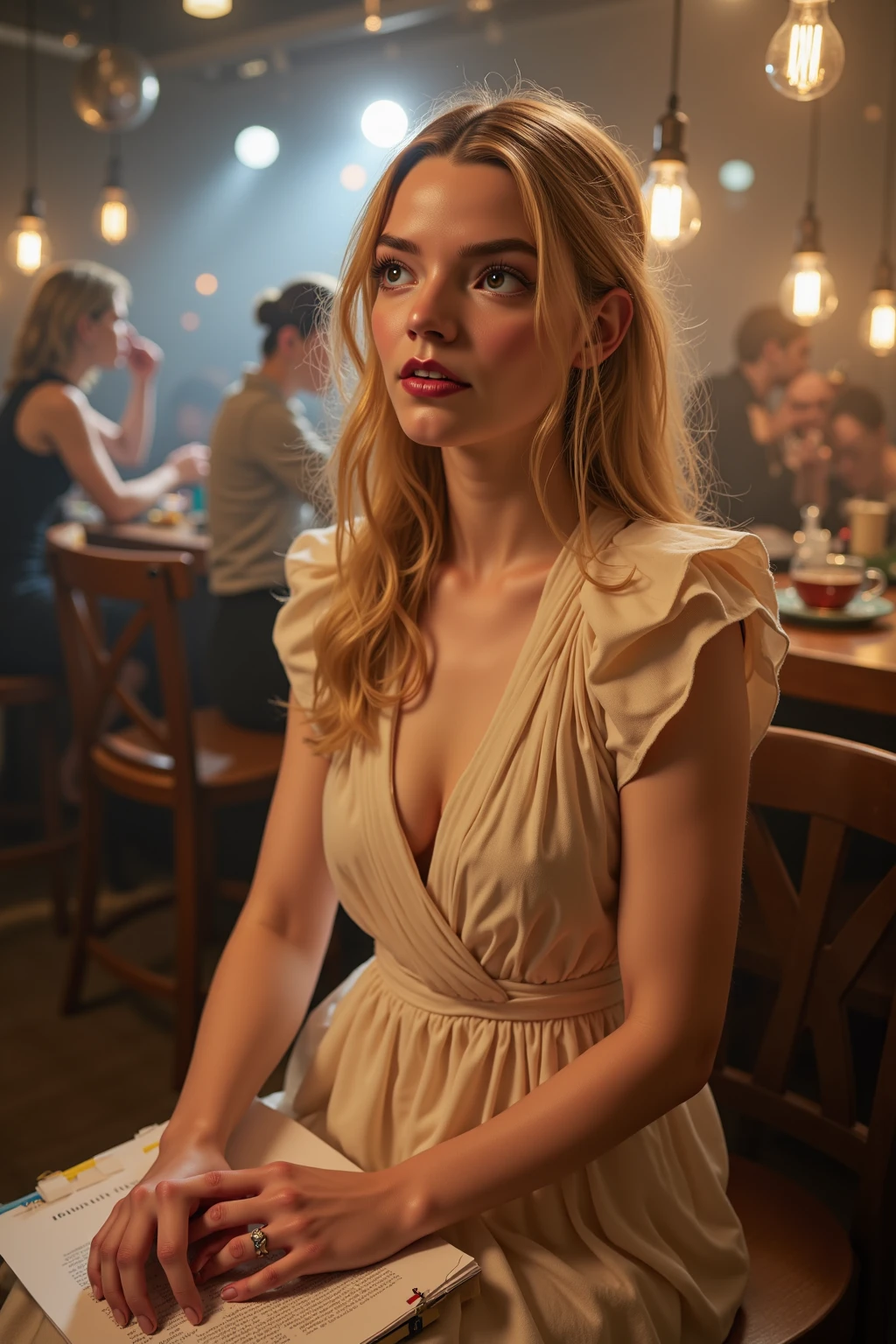 long hair, blonde, 20 year old, blue eyes, delicate face, fashionable, restaurant, yellow dress